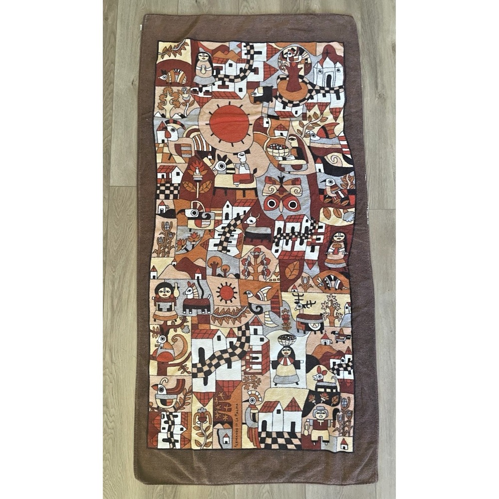 Vtg Hilasal Fernando Llort La Palma 1970s Folk Art Beach Towel El Salvador 66x32